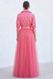 Vestido A-Line Cinzento Azul Tulle Longo Mãe da Noiva com cinto