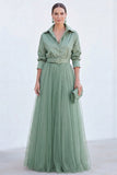 Vestido A-Line Cinzento Azul Tulle Longo Mãe da Noiva com cinto