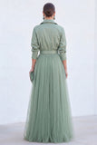 Vestido A-Line Cinzento Azul Tulle Longo Mãe da Noiva com cinto