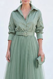 Vestido A-Line Cinzento Azul Tulle Longo Mãe da Noiva com cinto