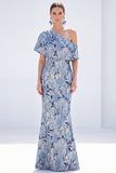Vestido Amarelo de Mãe da Noiva Floral Um Ombro Longo
