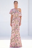 Vestido Amarelo de Mãe da Noiva Floral Um Ombro Longo