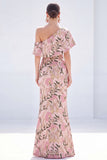 Vestido Amarelo de Mãe da Noiva Floral Um Ombro Longo