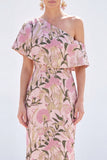 Vestido Amarelo de Mãe da Noiva Floral Um Ombro Longo