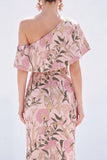 Vestido Amarelo de Mãe da Noiva Floral Um Ombro Longo