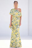 Vestido Amarelo de Mãe da Noiva Floral Um Ombro Longo