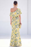 Vestido Amarelo de Mãe da Noiva Floral Um Ombro Longo