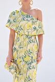Vestido Amarelo de Mãe da Noiva Floral Um Ombro Longo