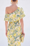 Vestido Amarelo de Mãe da Noiva Floral Um Ombro Longo