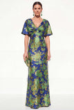 Vestido de Mãe da Noiva Rosa Azul Sereia Azul Decote em V Jacquard Floral Long Mother Of the Bride