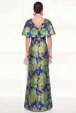 Vestido de Mãe da Noiva Rosa Azul Sereia Azul Decote em V Jacquard Floral Long Mother Of the Bride