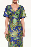 Vestido de Mãe da Noiva Rosa Azul Sereia Azul Decote em V Jacquard Floral Long Mother Of the Bride