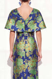 Vestido de Mãe da Noiva Rosa Azul Sereia Azul Decote em V Jacquard Floral Long Mother Of the Bride