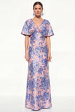 Vestido de Mãe da Noiva Rosa Azul Sereia Azul Decote em V Jacquard Floral Long Mother Of the Bride