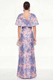 Vestido de Mãe da Noiva Rosa Azul Sereia Azul Decote em V Jacquard Floral Long Mother Of the Bride
