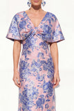 Vestido de Mãe da Noiva Rosa Azul Sereia Azul Decote em V Jacquard Floral Long Mother Of the Bride
