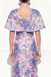 Vestido de Mãe da Noiva Rosa Azul Sereia Azul Decote em V Jacquard Floral Long Mother Of the Bride