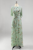 Vestido Longo de Mãe da Noiva com decote redondo verde com decote redondo e capa