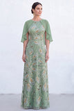 Vestido Longo de Mãe da Noiva com decote redondo verde com decote redondo e capa