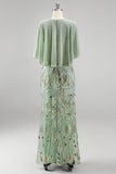 Vestido Longo de Mãe da Noiva com decote redondo verde com decote redondo e capa