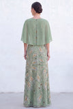 Vestido Longo de Mãe da Noiva com decote redondo verde com decote redondo e capa