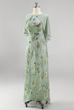 Vestido Longo de Mãe da Noiva com decote redondo verde com decote redondo e capa