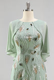 Vestido Longo de Mãe da Noiva com decote redondo verde com decote redondo e capa