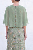 Vestido Longo de Mãe da Noiva com decote redondo verde com decote redondo e capa