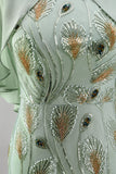 Vestido Longo de Mãe da Noiva com decote redondo verde com decote redondo e capa
