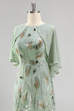 Vestido Longo de Mãe da Noiva com decote redondo verde com decote redondo e capa