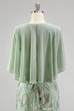 Vestido Longo de Mãe da Noiva com decote redondo verde com decote redondo e capa