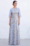 Vestido Longo de Mãe da Noiva com decote redondo verde com decote redondo e capa