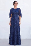Vestido Longo de Mãe da Noiva com decote redondo verde com decote redondo e capa