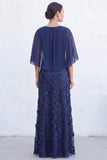 Vestido Longo de Mãe da Noiva com decote redondo verde com decote redondo e capa