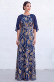 Vestido Longo de Mãe da Noiva com decote redondo verde com decote redondo e capa
