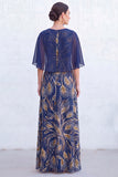 Vestido Longo de Mãe da Noiva com decote redondo verde com decote redondo e capa