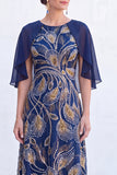 Vestido Longo de Mãe da Noiva com decote redondo verde com decote redondo e capa