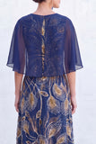 Vestido Longo de Mãe da Noiva com decote redondo verde com decote redondo e capa