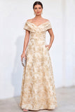 Vestido de Mãe da Noiva Jacquard com Linha A Dourada Com Traço A Largo Com Ombro