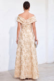Vestido de Mãe da Noiva Jacquard com Linha A Dourada Com Traço A Largo Com Ombro