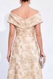 Vestido de Mãe da Noiva Jacquard com Linha A Dourada Com Traço A Largo Com Ombro
