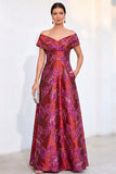 Vestido de Mãe da Noiva Jacquard com Linha A Dourada Com Traço A Largo Com Ombro