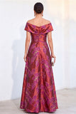 Vestido de Mãe da Noiva Jacquard com Linha A Dourada Com Traço A Largo Com Ombro