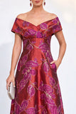 Vestido de Mãe da Noiva Jacquard com Linha A Dourada Com Traço A Largo Com Ombro