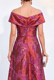Vestido de Mãe da Noiva Jacquard com Linha A Dourada Com Traço A Largo Com Ombro