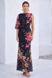 Vestido Longo de Mãe da Noiva com Gola Bateau de Flor Azul de Sereia de Chiffon