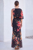 Vestido Longo de Mãe da Noiva com Gola Bateau de Flor Azul de Sereia de Chiffon