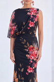 Vestido Longo de Mãe da Noiva com Gola Bateau de Flor Azul de Sereia de Chiffon
