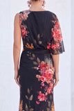 Vestido Longo de Mãe da Noiva com Gola Bateau de Flor Azul de Sereia de Chiffon