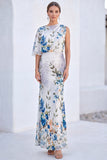 Vestido Longo de Mãe da Noiva com Gola Bateau de Flor Azul de Sereia de Chiffon